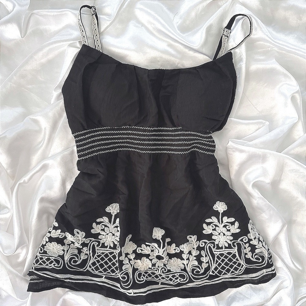 Heartsoul Black White Embroidered Empire Waist Cami Top Large Boho Lace Strap